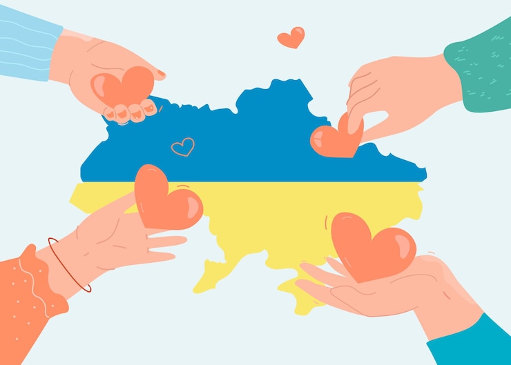 Vector gratuito manos humanas dando corazones al mapa de ucrania. recaudación de fondos por personas para refugiados, ayuda de la ilustración vectorial plana del ejército ucraniano. concepto de caridad para banner, diseño de sitio web o página web de destino