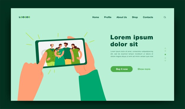 Manos humanas sosteniendo teléfono inteligente con ilustración plana aislada autofoto familiar