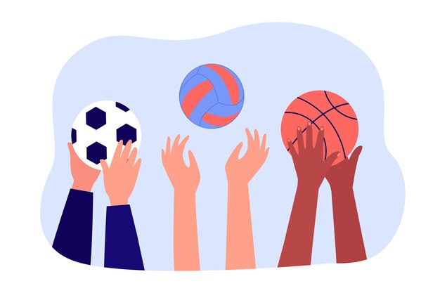 Manos de los jugadores sosteniendo pelotas de fútbol, baloncesto, voleibol. Grupo de personas jugando juegos de equipo ilustración vectorial plana. Deporte, concepto de recreación para banner, diseño de sitio web o página web de inicio