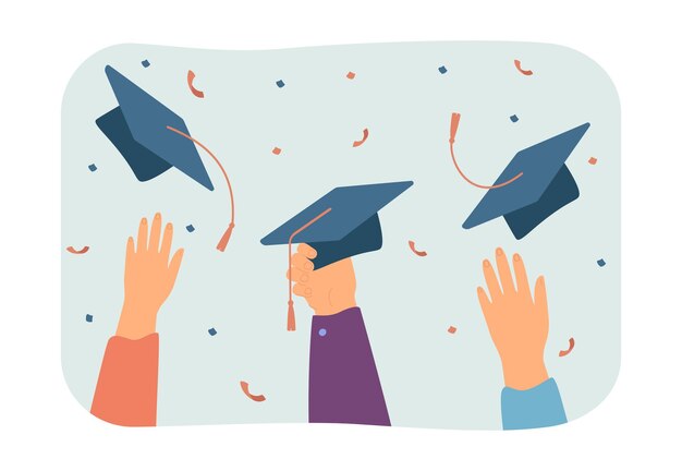 Manos lanzando tazas académicas ilustración vectorial plana. Estudiantes celebrando la graduación. Celebración, festividad, concepto de felicitación para banner, diseño de sitio web o página web de destino