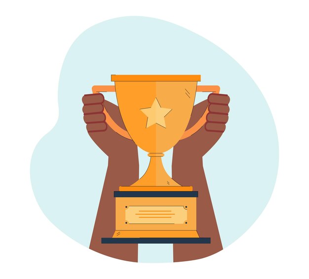 Manos negras sosteniendo la copa de campeones. Carácter humano que gana el ejemplo plano del vector del trofeo amarillo o dorado. Celebración, concepto de competencia para banner, diseño de sitios web o página web de aterrizaje.