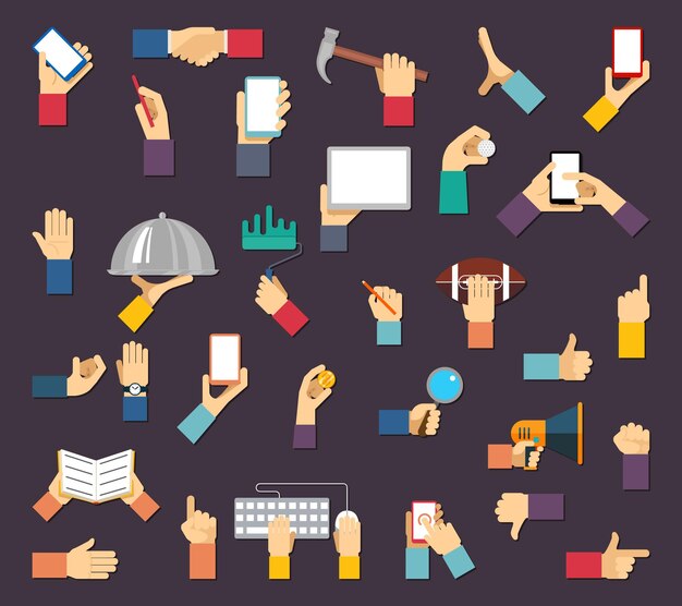 Manos con objetos. las manos sostienen dispositivos y herramientas. Mano y objeto, mano de herramienta de dispositivo, mano de equipo