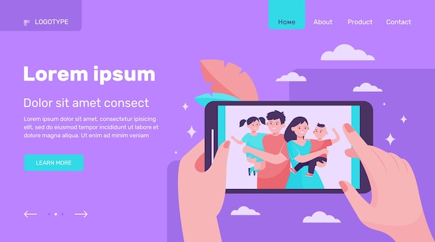 Manos de la persona que mira la foto de la familia y los niños en el teléfono inteligente. Imagen de padres e hijos felices en la pantalla del teléfono móvil. Ilustración de vector de memoria, comunicación, concepto de unión