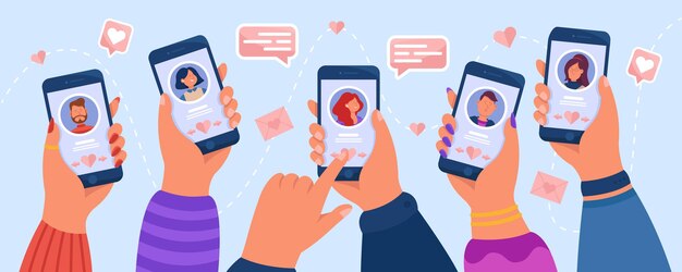 Manos de personas adultas que usan la aplicación de citas. Ilustración plana