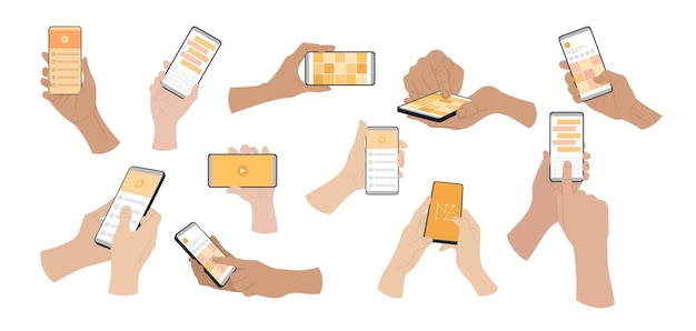 Manos de personas que usan aplicaciones móviles en teléfonos inteligentes. Ilustraciones vectoriales de personas que muestran acciones con teléfonos. Dedo de dibujos animados deslizando, señalando, enviando sms aislado en blanco. concepto de internet