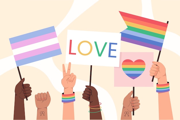 Manos planas sostienen banderas del arco iris símbolo de LGBT