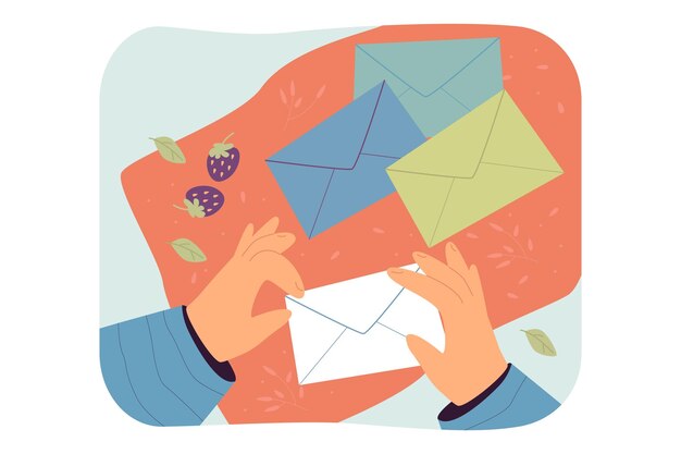 Manos poniendo carta en sobre ilustración vectorial plana. Vista superior de las manos de las personas sellando sobres en la mesa. Correspondencia, concepto de correo para banner, diseño de sitio web o página web de inicio