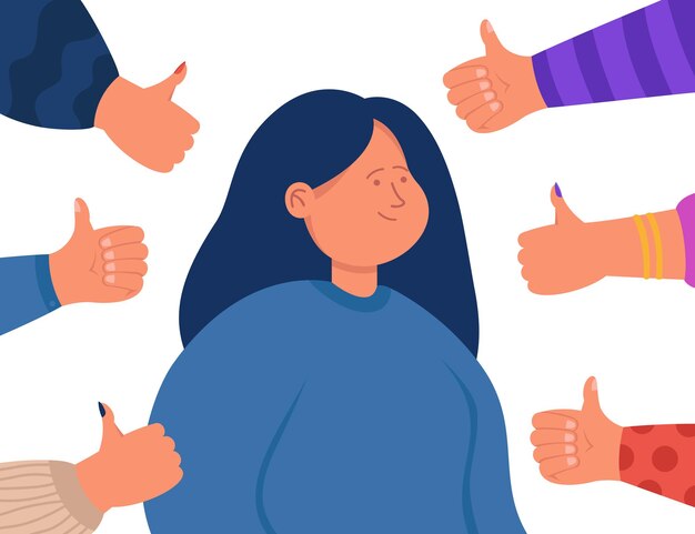 Manos con los pulgares hacia arriba y respeto por la mujer feliz. Persona orgullosa rodeada de aprobación social, opinión favorable y apreciación de la ilustración vectorial plana de la audiencia. Reconocimiento, concepto de retroalimentación