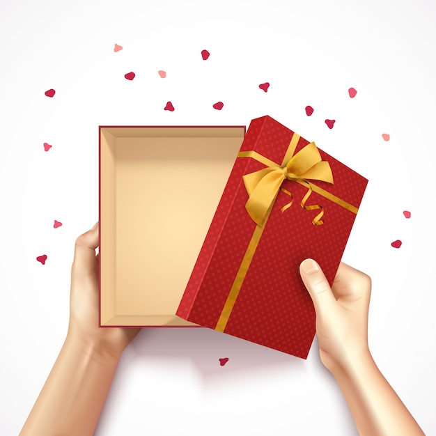 Las manos que sostienen el fondo realista 3D de la vista superior de la caja de regalo con el arco y el confeti de oro de la caja rectangular roja vector el ejemplo