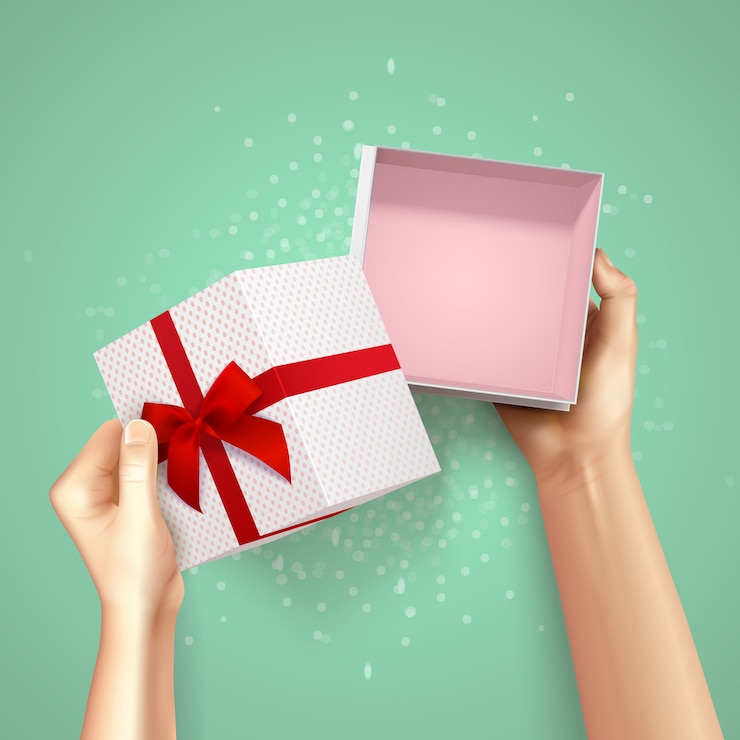 Vector gratuito manos que sostienen el fondo realista de la vista superior de la caja de regalo con el cartón cuadrado y el filete rojo con el arco