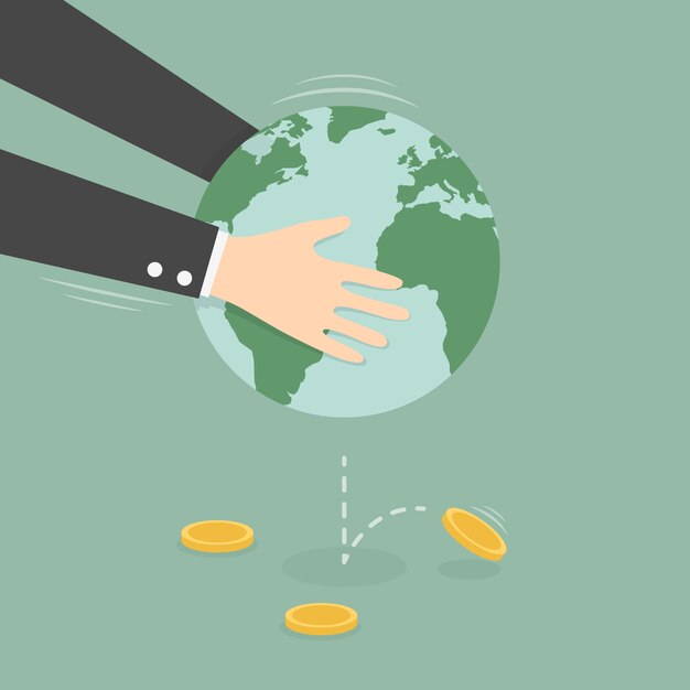 Manos sacudiendo globo terráqueo para conseguir dinero
