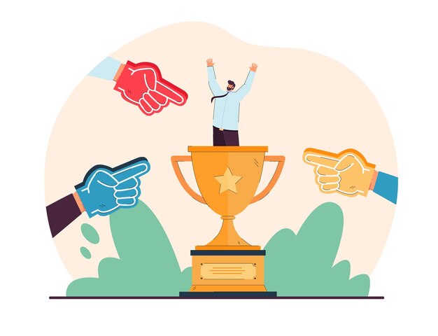 Manos señalando con el dedo al hombre en la copa de campeón. Chico pequeño en el trofeo de ganadores rodeado de ilustración de vector plano de atención. Victoria, concepto de competencia para banner, diseño de sitio web o página de destino