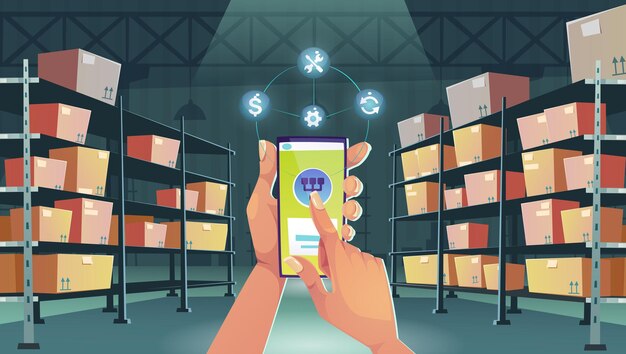 Manos con smartphone en el fondo interior del almacén. Servicio postal inteligente de logística, carga y entrega de mercancías. Aplicación comercial de distribución de almacén, tecnología logística, ilustración vectorial de dibujos animados
