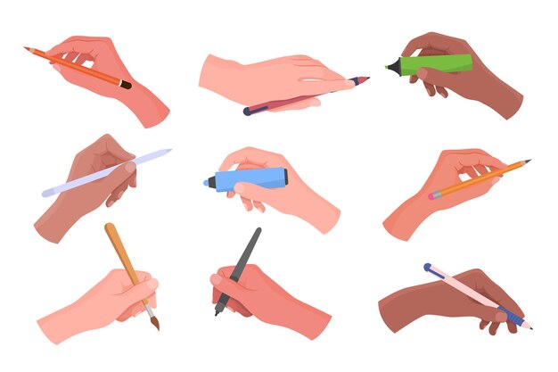 Manos sosteniendo el conjunto de ilustraciones vectoriales de herramientas de escritura y dibujo. Brazos derecho e izquierdo con útiles escolares: bolígrafos, lápices y marcadores aislados sobre fondo blanco. Educación, concepto de papelería