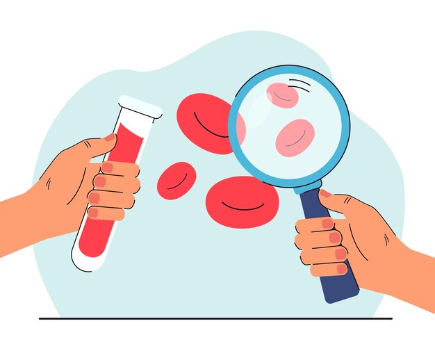 Manos sosteniendo lupa y tubo con muestra de sangre. Médico que examina los glóbulos rojos de la ilustración del vector plano del paciente. Medicina, concepto de salud para banner, diseño de sitio web o página web de inicio