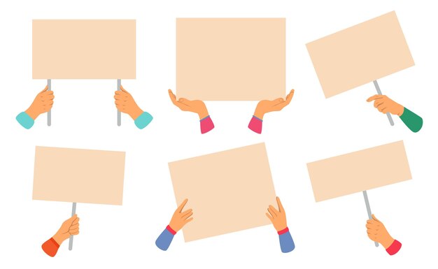 Manos sosteniendo pancartas en blanco. Ilustraciones vectoriales de activistas con pancartas de papel vacías. Grupo de caricaturas de personas que muestran carteles en manifestaciones aisladas en blanco. Protesta, concepto de activismo.