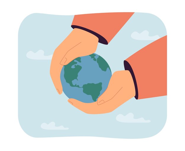 Manos sosteniendo el planeta tierra ilustración vectorial plana. Globo en manos del hombre. Persona cuidando el medio ambiente, salvando el planeta. Ecología, concepto de protección para banner, diseño de sitio web o página web de inicio