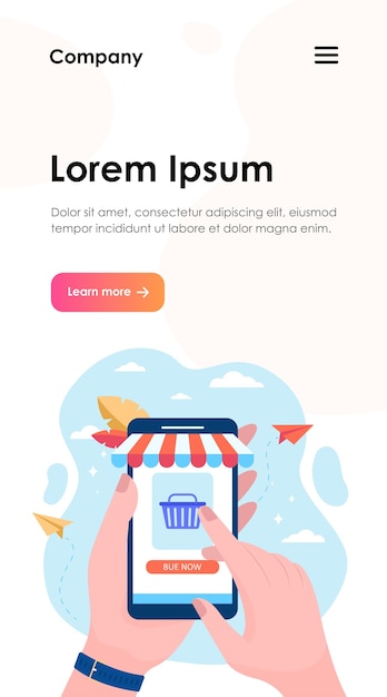 Manos sosteniendo smartphone y comprando en tienda online. Plantilla web de teléfono, venta, comprador