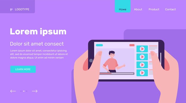 Manos sosteniendo smartphone con video en línea. Teléfono, tableta, película ilustración vectorial plana. Diseño de sitio web de concepto de tecnología digital y entretenimiento o página web de destino