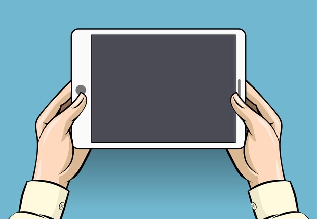 Manos sosteniendo la tableta. Pantalla de visualización digital, pantalla táctil y dispositivo.