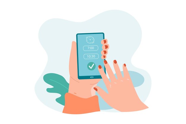 Manos sosteniendo el teléfono en las manos y configurando la alarma o el temporizador. Mujer que usa la aplicación de teléfono inteligente para la ilustración de vector plano de control de tiempo. Gestión del tiempo, cuenta atrás, concepto de medición.