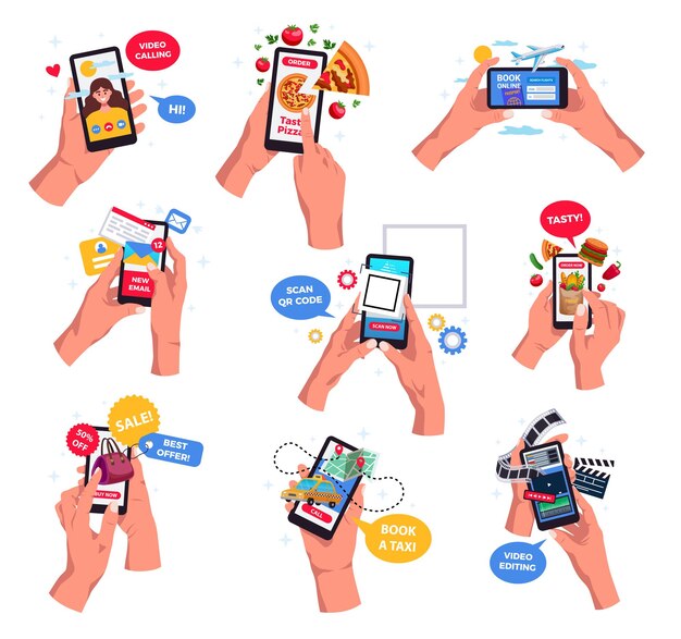 Manos sosteniendo teléfonos inteligentes videollamadas escaneando códigos de barras reservando boletos mensajes en línea redes sociales conjunto plano ilustración vectorial