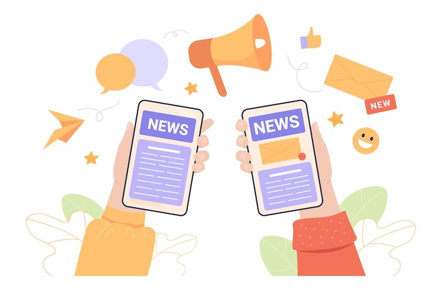 Manos sosteniendo teléfonos móviles con noticias en pantalla. Personas que leen boletines o blogs en línea en Internet usando la ilustración vectorial plana de la aplicación de teléfono celular. Periodismo, redes sociales, concepto de periódico.