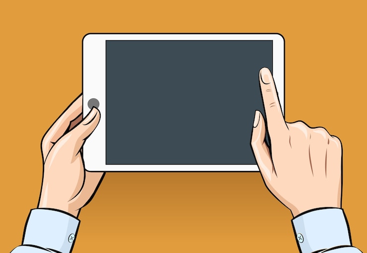 Vector gratuito manos sosteniendo y tocando en tableta digital en estilo vintage. comunicación e informática, internet, electrónica móvil