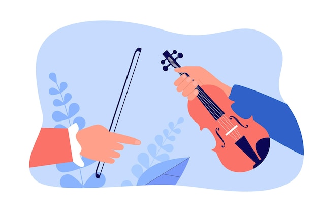 Vector gratuito manos sosteniendo violín y arco. señalar con el dedo la ilustración de vector plano de instrumento musical. música, educación, concepto de rendimiento para banner, diseño de sitio web o página web de destino