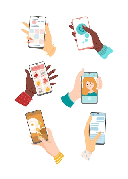 Manos de usuarios con teléfonos móviles establecidos. Ilustraciones vectoriales de personas que usan teléfonos inteligentes. Dibujos animados de redes sociales, videollamadas y aplicaciones de mensajería en pantallas de teléfonos celulares aislados en blanco. concepto de red
