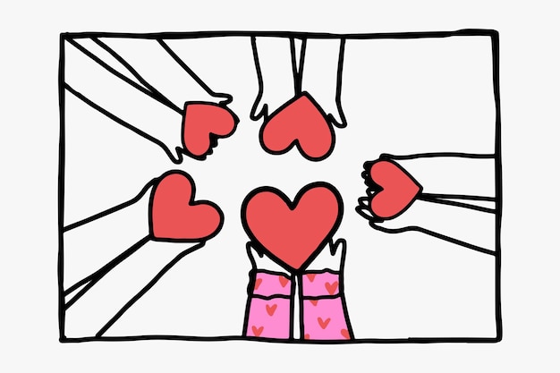 Manos de vector de doodle de caridad compartiendo corazones