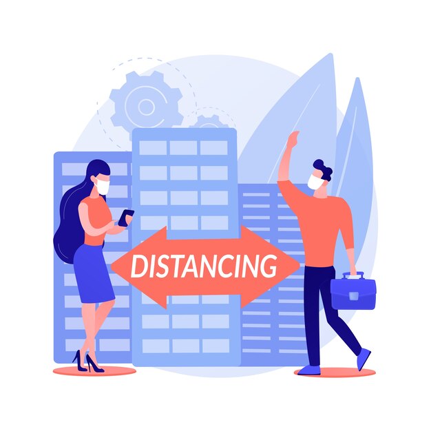 Mantenga la ilustración de vector de concepto abstracto de distancia. Distanciamiento social, prevención de la propagación del virus, medidas de autoprotección, máscara de uso, estado de emergencia, trabajo a distancia, metáfora abstracta de la oficina en casa.
