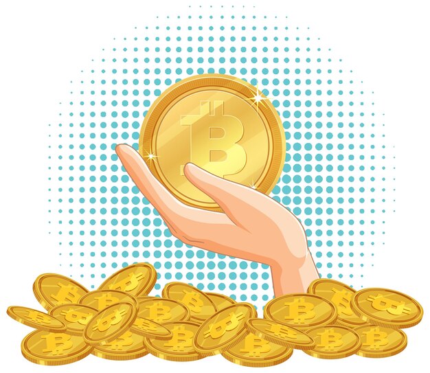 Manteniendo Bitcoin en la mano sobre las monedas