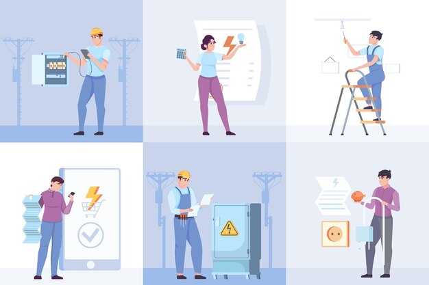 Mantenimiento de energía eléctrica seis composiciones cuadradas con técnicos que trabajan con ilustración de vector plano de equipo