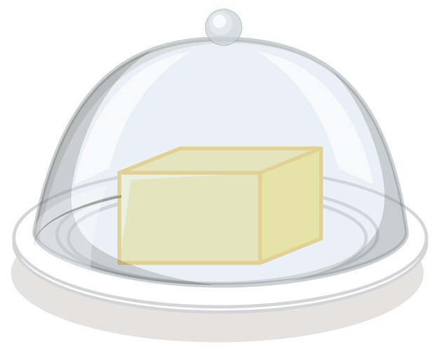 Mantequilla en plato redondo con tapa de vidrio sobre fondo blanco.