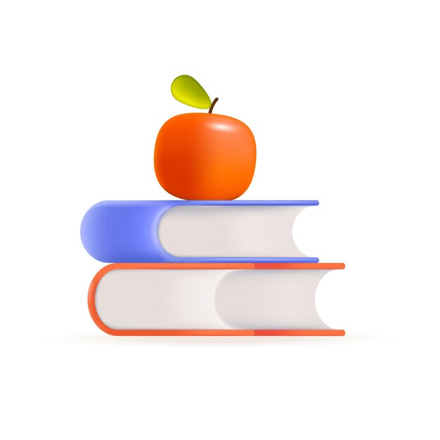 Manzana roja en la parte superior de la ilustración 3D de libros. Dibujo de dibujos animados de una pila de libros de texto con manzana en estilo 3D sobre fondo blanco. Educación, literatura, concepto de conocimiento.