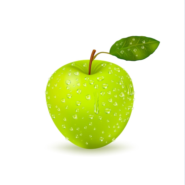 Manzana verde húmeda aislada con gotas de agua