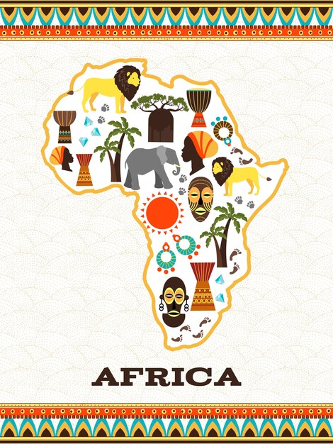 Mapa de África con iconos africanos. País y animal, djembe y folklore nacional, diamante y viajes,