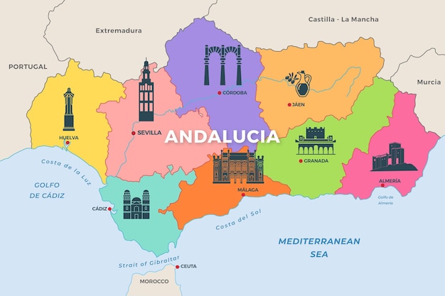 Vector gratuito mapa de andalucía con hitos