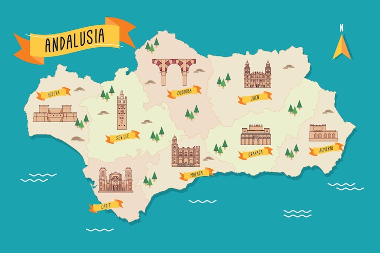 Vector gratuito mapa de andalucía con hitos