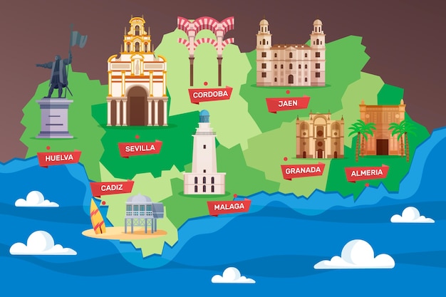 Vector gratuito mapa de andalucía con hitos