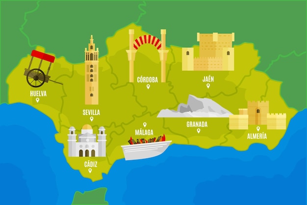 Vector gratuito mapa de andalucía con hitos