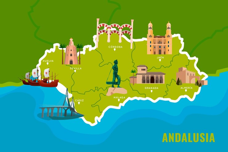 Vector gratuito mapa de andalucía con hitos