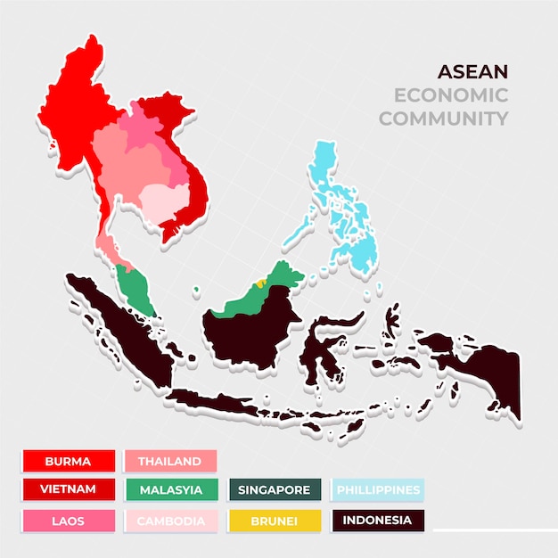 Mapa de asean en diseño plano