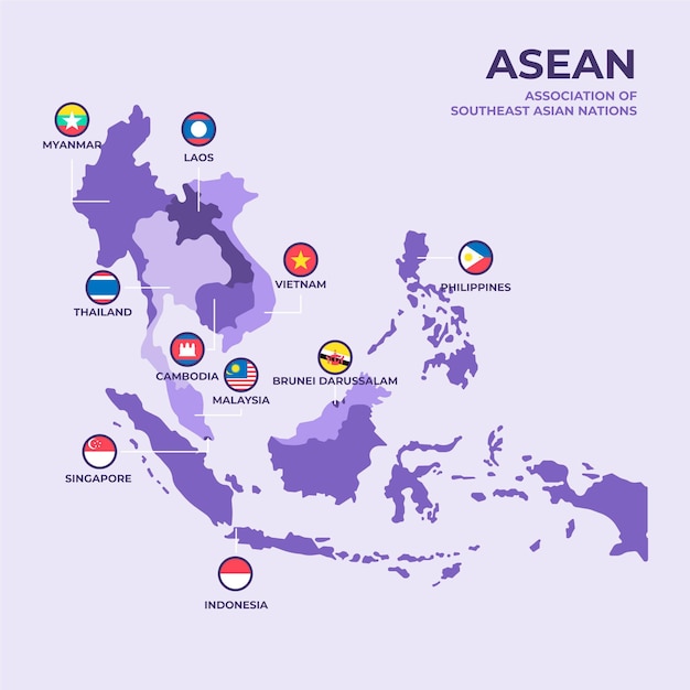 Mapa de asean en diseño plano