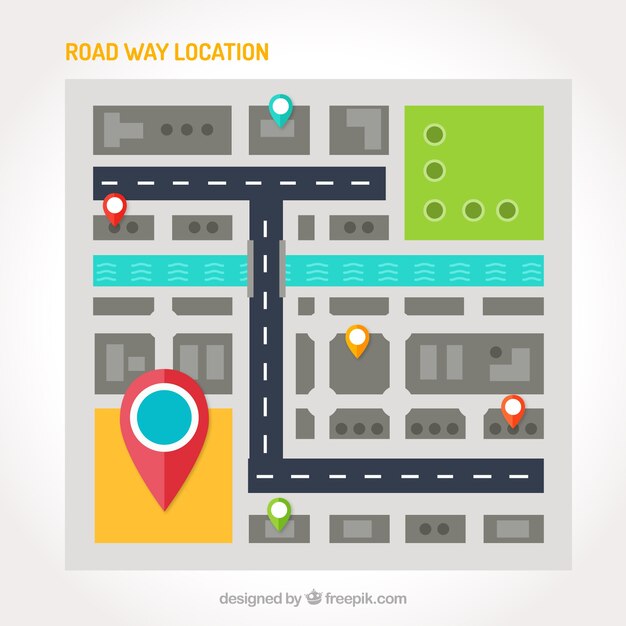 Mapa de carretera plano con varios puntos de referencia