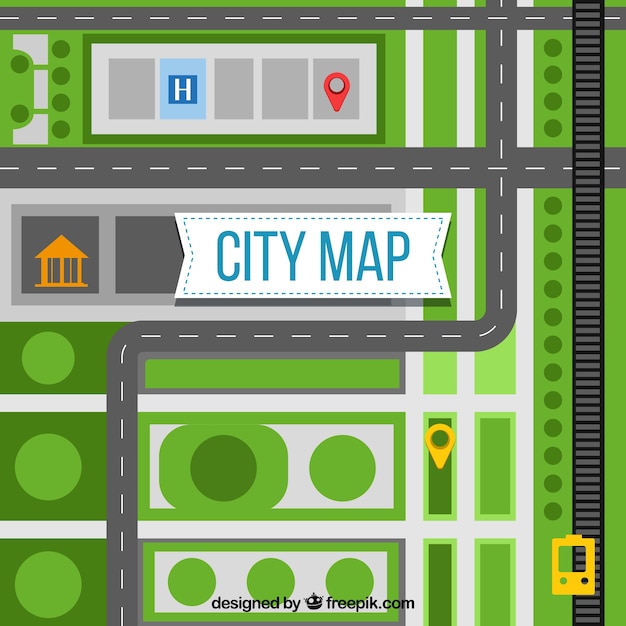 Vector gratuito mapa de la ciudad con carreteras y espacios verdes