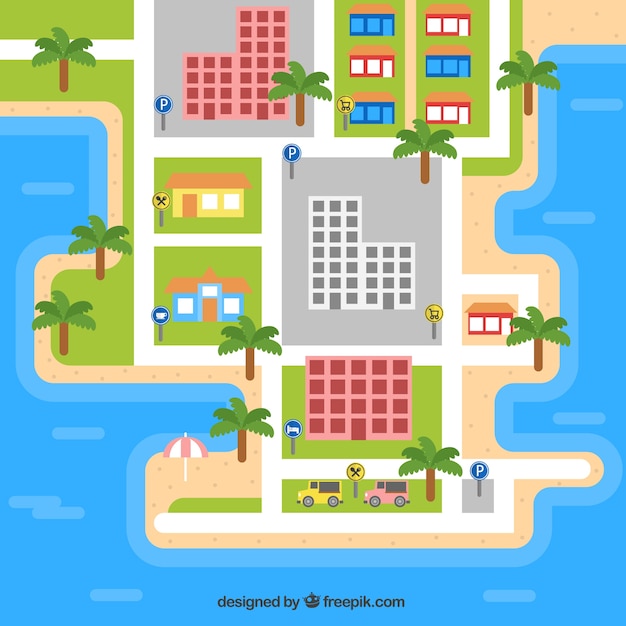 Vector gratuito mapa de la ciudad con el mar y palmeras