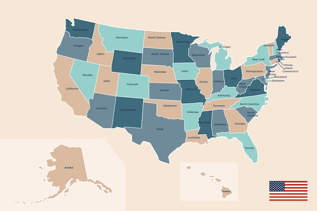 Mapa de contorno de estados de estados unidos de diseño plano