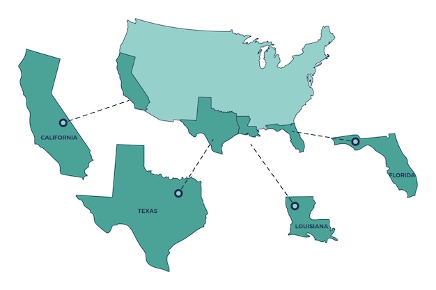Mapa de contorno de estados de estados unidos de diseño plano